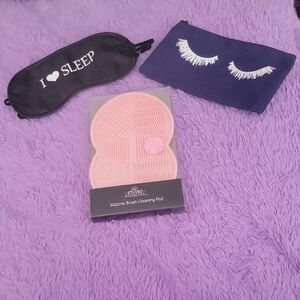 Pink Silicone Brush Cleaning Pad with Sleep Mask And Makeup Bag Set